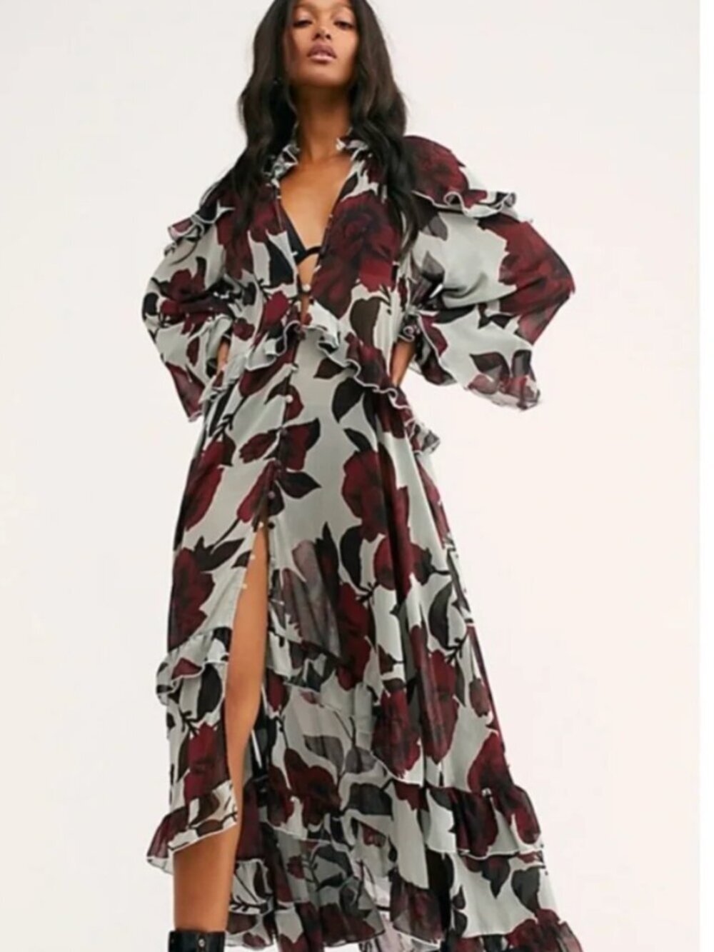 Free People Hearts Run Wild Flowy Romantic Floral Long Sleeve Maxi Dress XS $228